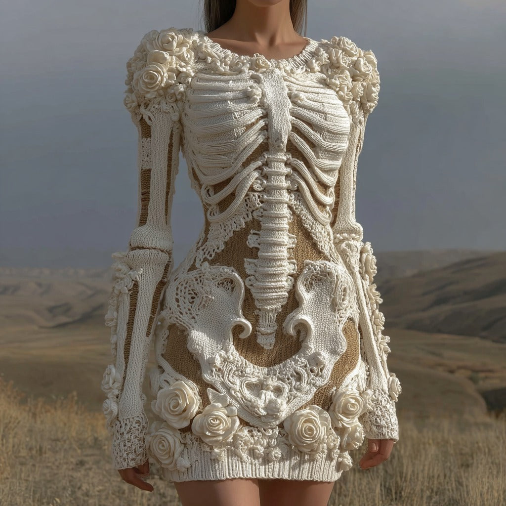 Women's Skull White Rose Lace Crochet Comfortable Knitted Sweater Dress elevenforest
