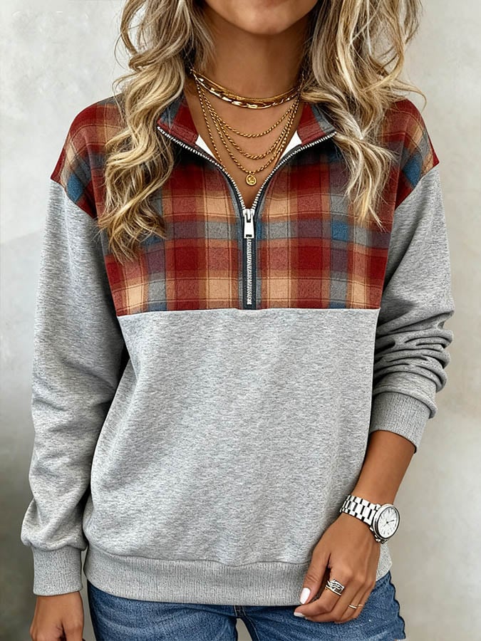 Women's Casual Lapel Check Print Pullover Sweatshirt 