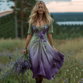 Vintage Purple Floral Embroidery Art Linen Short Sleeve Dress elevenforest