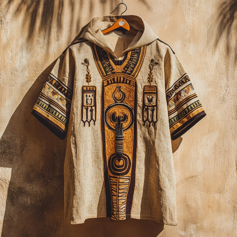 Ancient Egyptian Inspired Patchwork Hooded Linen Shirt elevenforest