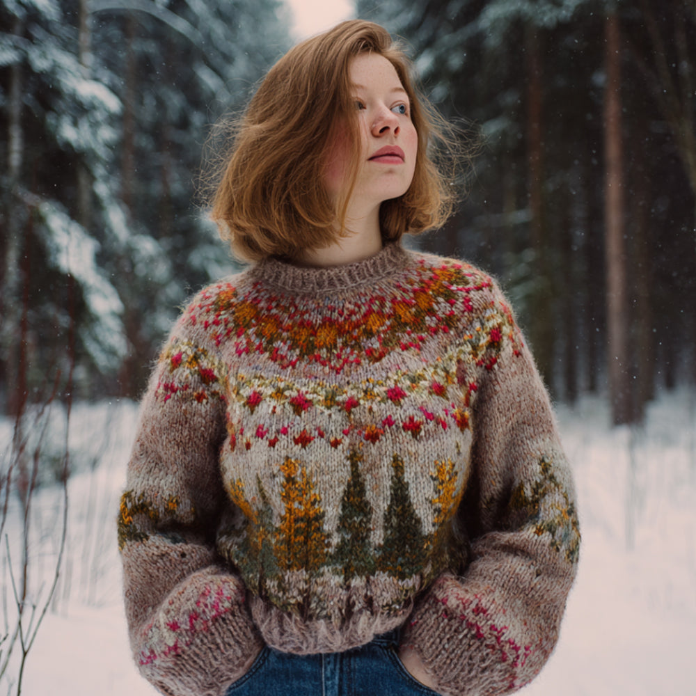 Comstylish Retro Fair Isle Floral Woodland Vintage Crew Neck Sweater