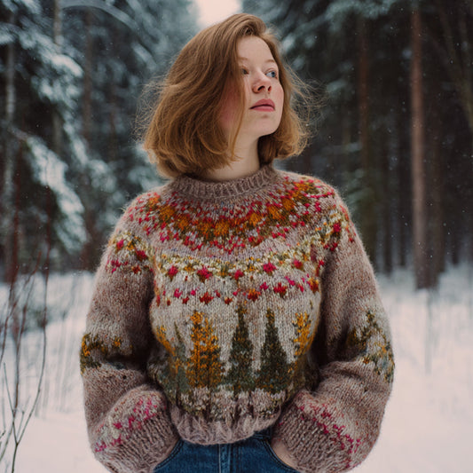 Comstylish Retro Fair Isle Floral Woodland Vintage Crew Neck Sweater