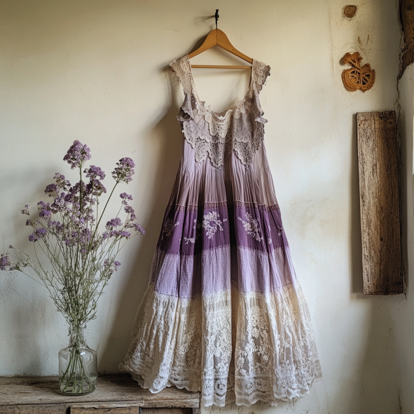 Boho Lavender Embroidered Pattern Lace Linen Dress elevenforest