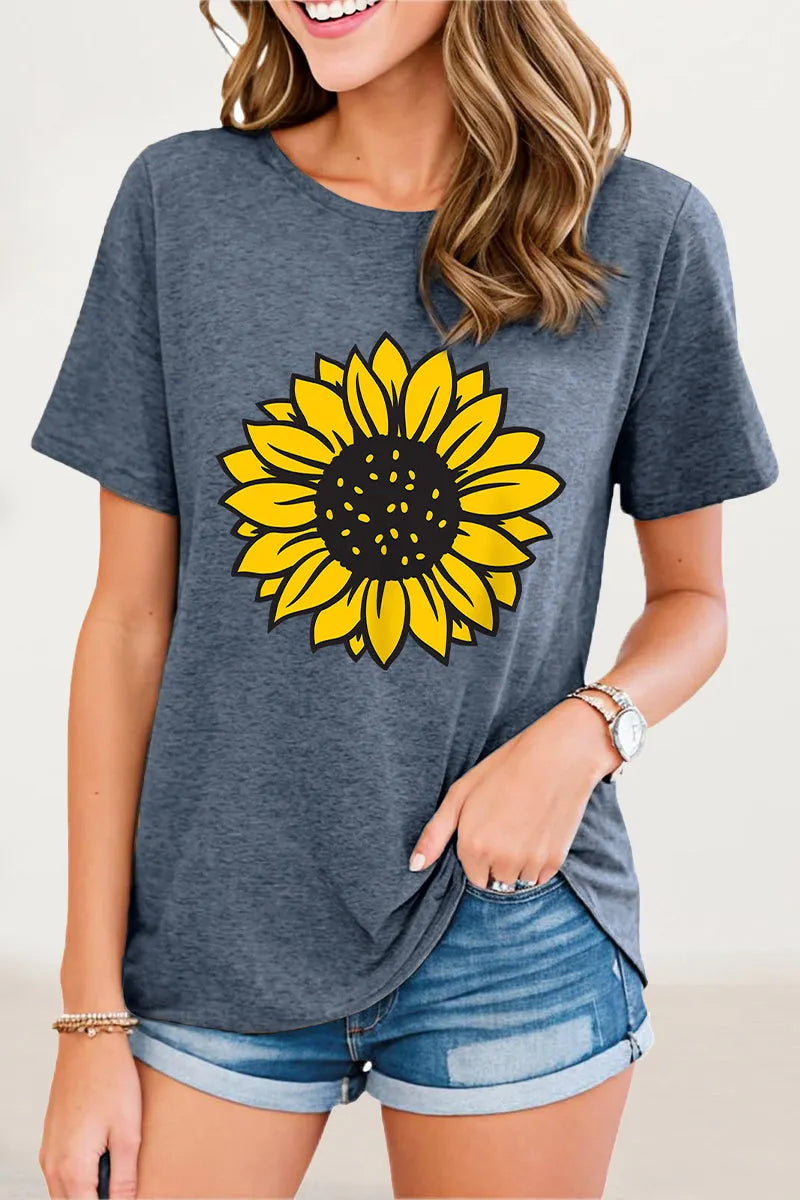 Print Flowers O Neck T-shirts