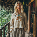 Retro Bohemian Floral Art Embroidery Print Cotton And Linen Blend Loose Blouse elevenforest