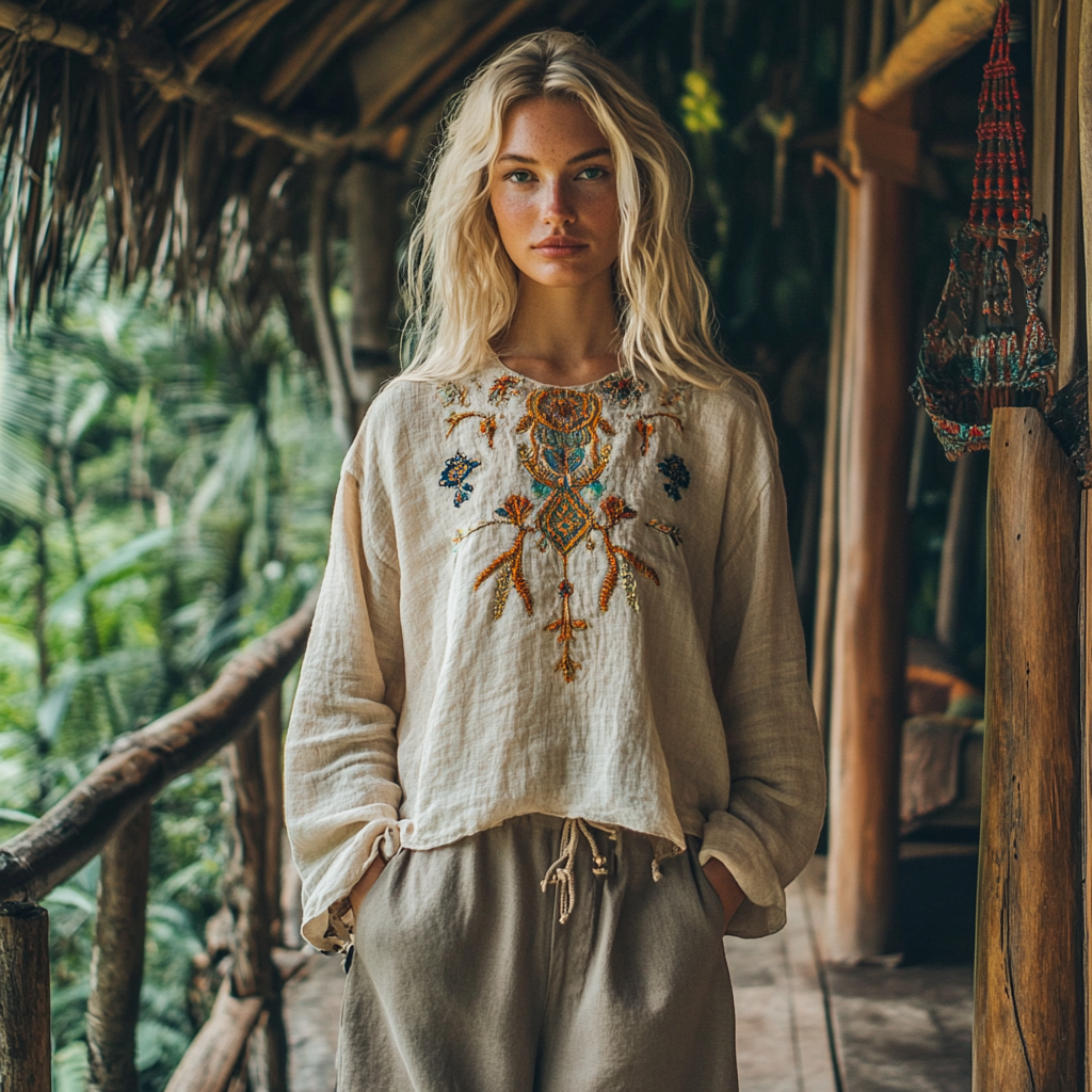 Retro Bohemian Floral Art Embroidery Print Cotton And Linen Blend Loose Blouse elevenforest