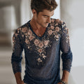 Men's Retro Floral Embroidered Comfy Linen V Neck Shirt elevenforest