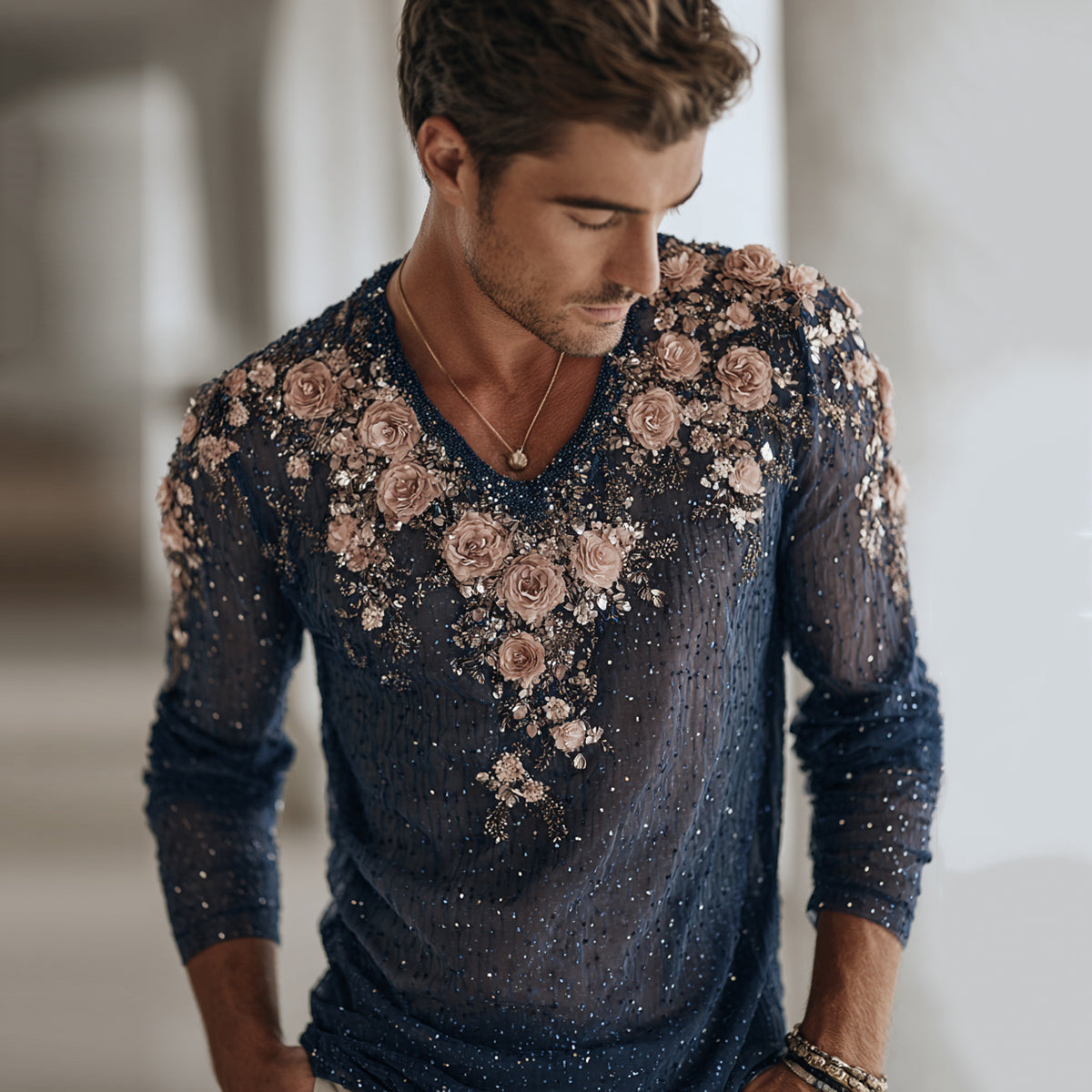 Men's Retro Floral Embroidered Comfy Linen V Neck Shirt elevenforest