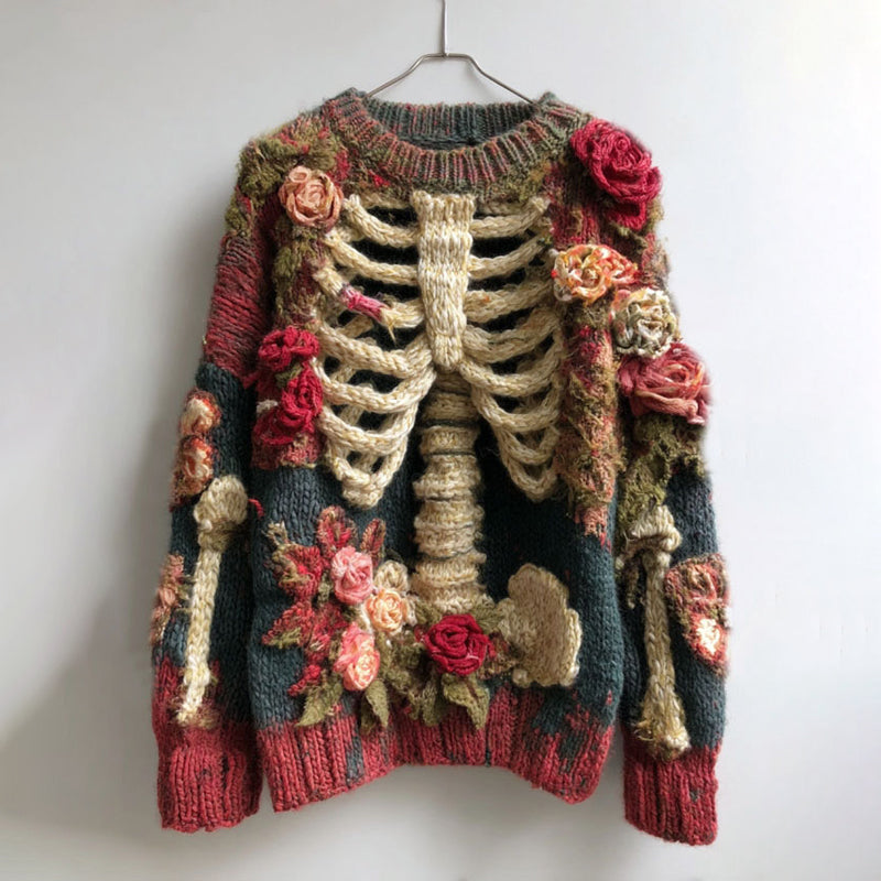 Comstylish Women's Vintage Tribal Skeleton And Rose Art Cozy Sweater