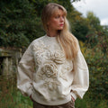 Women's White Rose Embroidery Art Round Neck Casual Sweatshirt elevenforest