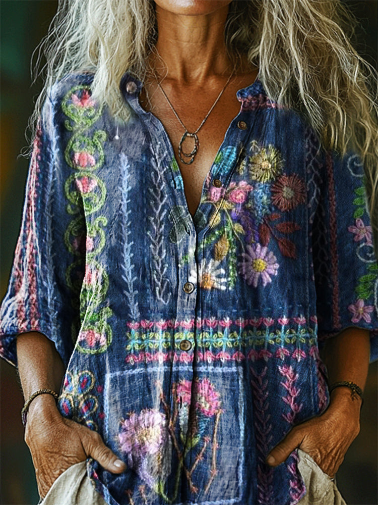 Women's Bohemian Floral Art Print Casual Cotton Linen Shirt