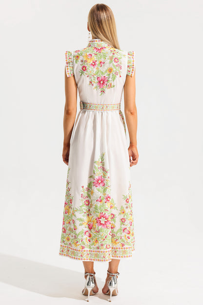Stand Collar Sleeveless Button With Belt Midi Dress