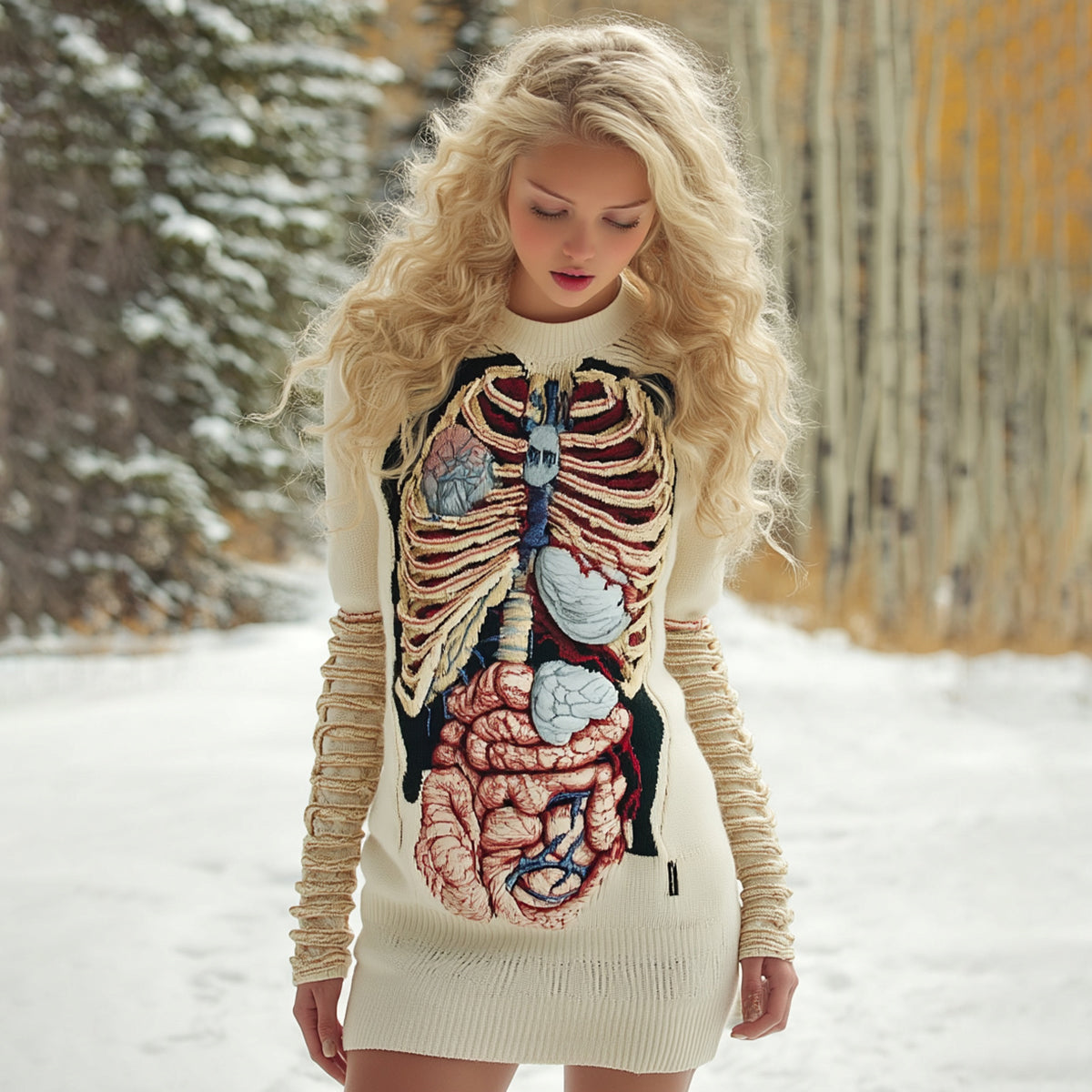 Women's Vintage Halloween Anatomy Art Cozy Knit Mini Sweater Dress elevenforest