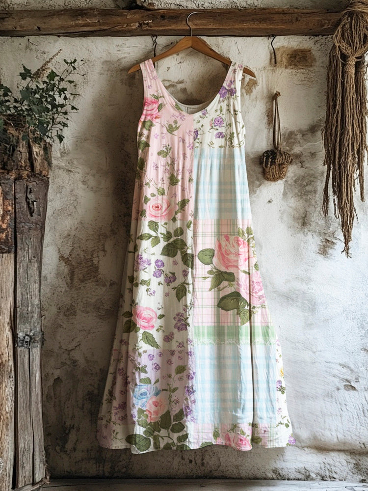 Vintage Floral Geometric Patchwork Printed Women's Linen Vest Dress elevenforest
