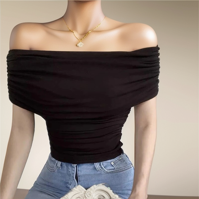 Irregular Crop Top Off Shoulder Pleated Top Female Sleeveless Tops Woman Summer T-shirt