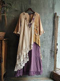 Vintage Lace Patchwork Clashing Color Women's Linen Long Dress elevenforest