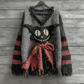 Halloween Caped Black Cat Striped Knitted Cozy V-neck Sweater