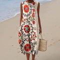 Comstylish Ethnic Floral Suzani Embroidered Pattern Flowy Linen Midi Dress