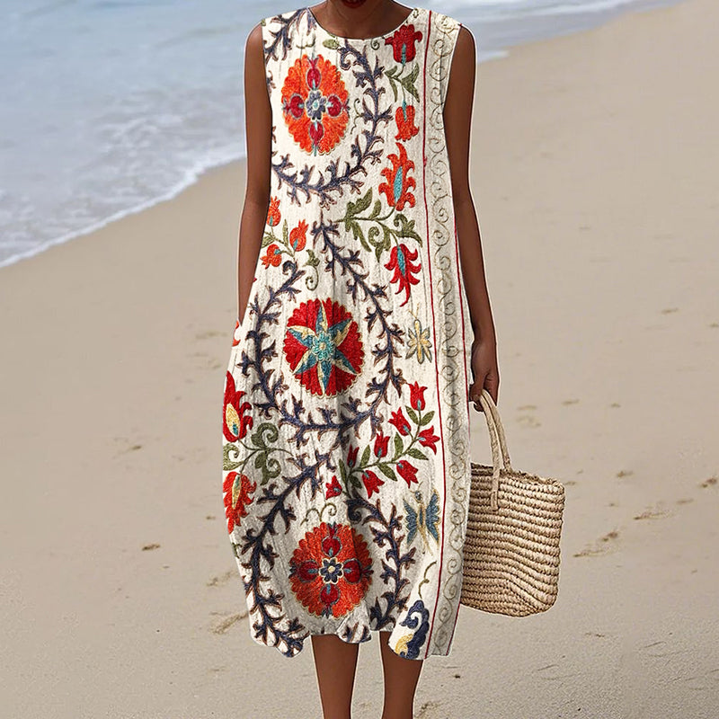 Comstylish Ethnic Floral Suzani Embroidered Pattern Flowy Linen Midi Dress