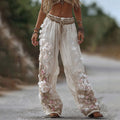 Women's Vintage Romantic White Rose Embroidery Art Comfy Linen Pants elevenforest