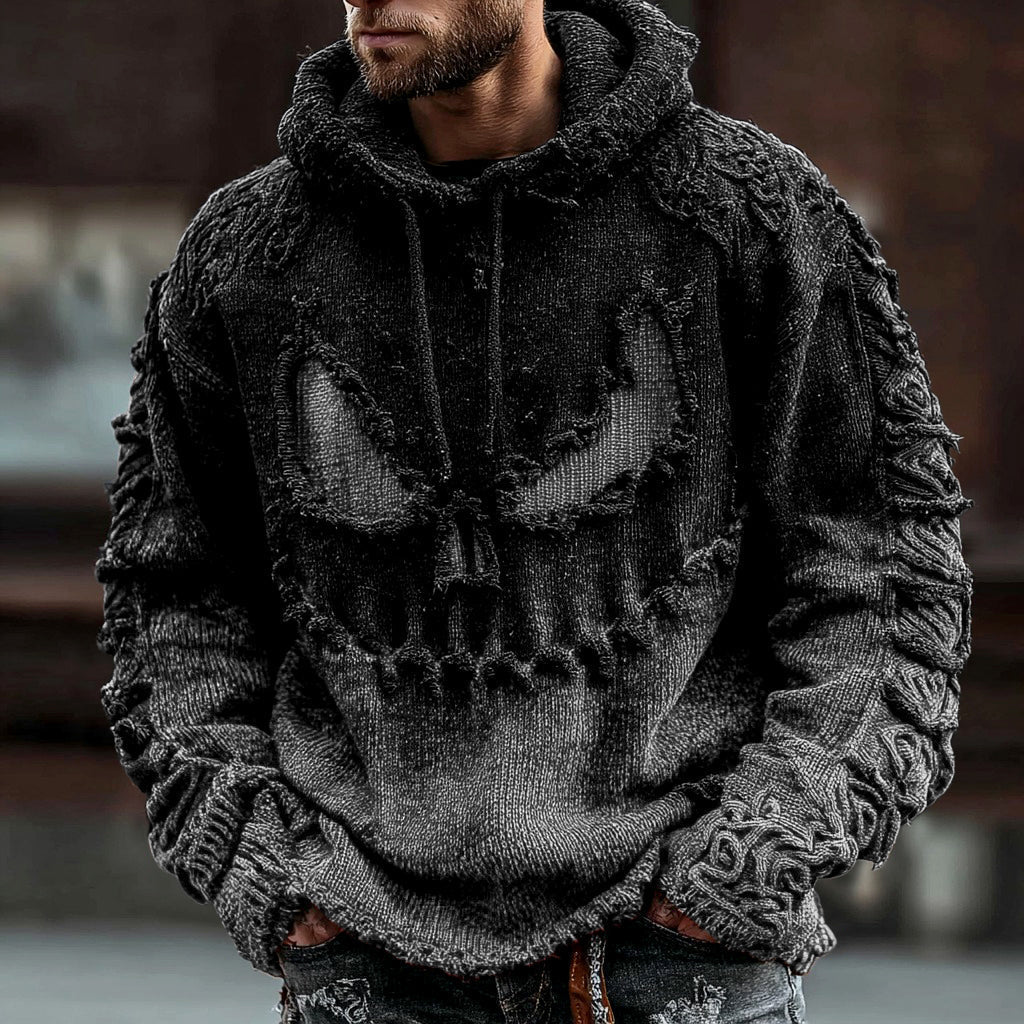 Men's Halloween Spooky Face Gradient Inspired Knitted Distressed Hooded Sweater artswardrobe