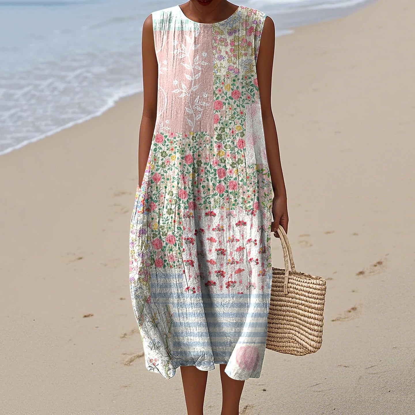 Women's Floral Patchwork Pattern Design Midi Tank Dress elevenforest