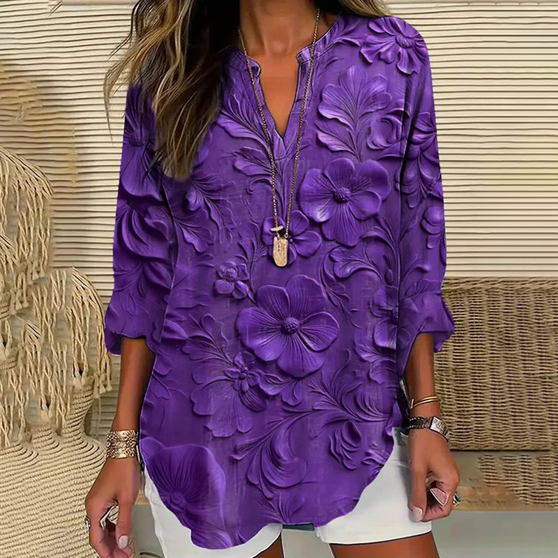 Women's Vintage Floral Art Print V-neck Shirt elevenforest