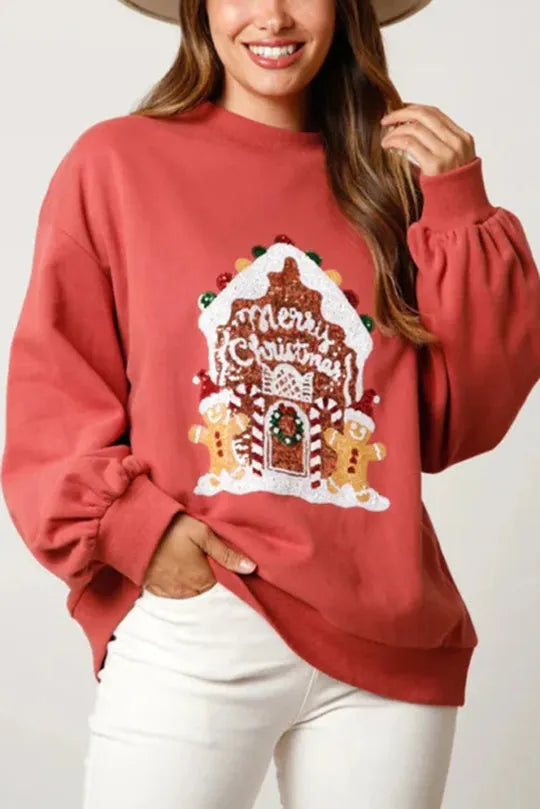 Christmas Candy House Sequined Loose Sweatshirt
