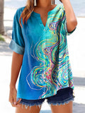 Women's Abstract Line Art Pattern Print Casual Cotton And Linen Shirt