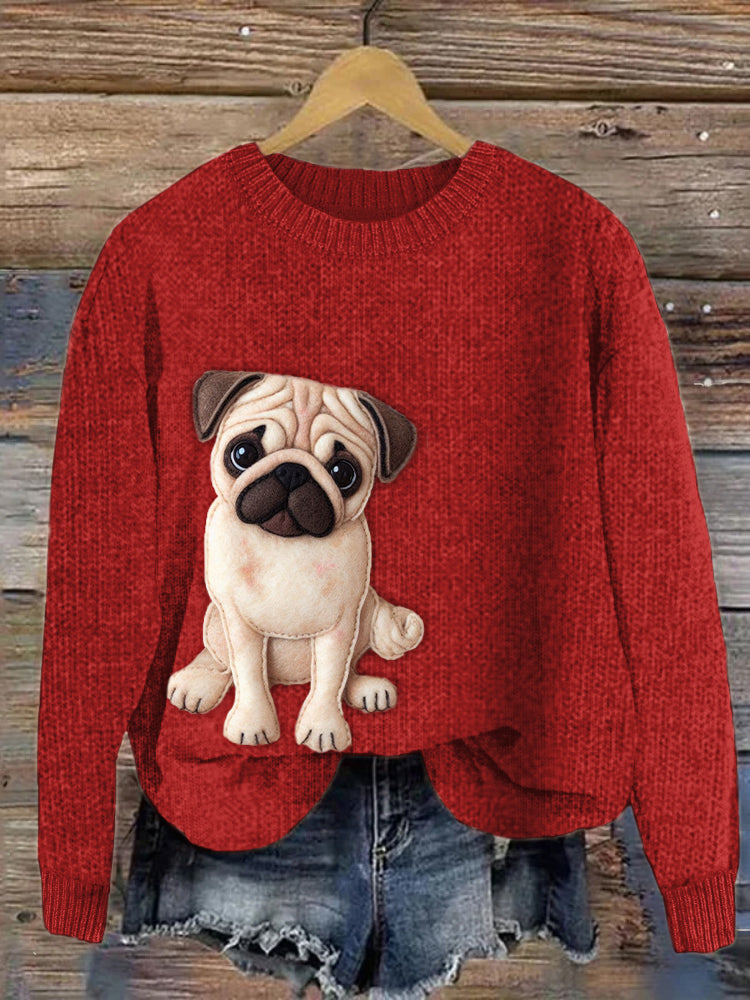 Comstylish Loyal Pug Dog Felt Art Cozy Knit Sweater