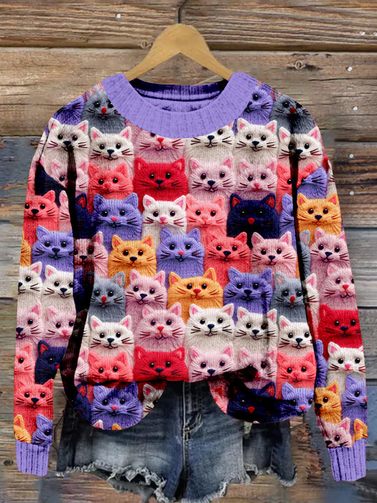 Comstylish Colorful Cute Cats Embroidered Cozy Sweater