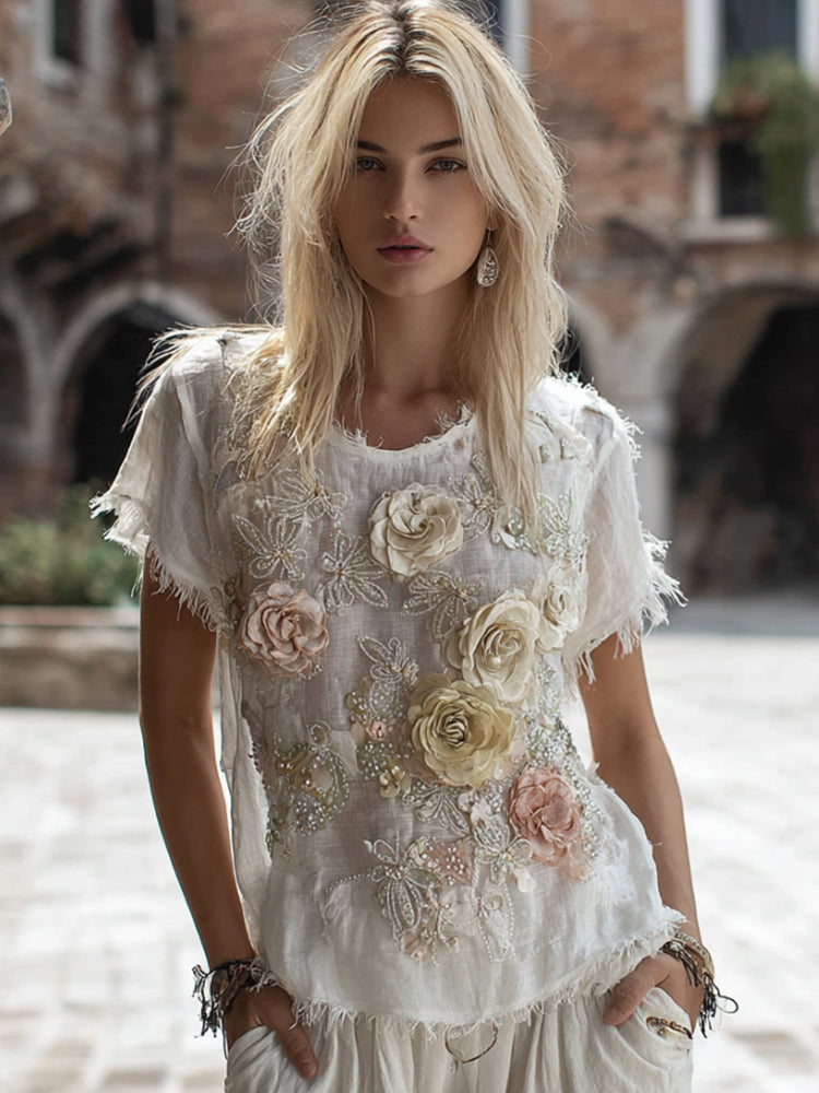 Vintage Bohemian Style Handmade Rose Flower Round Neck Short Sleeve elevenforest