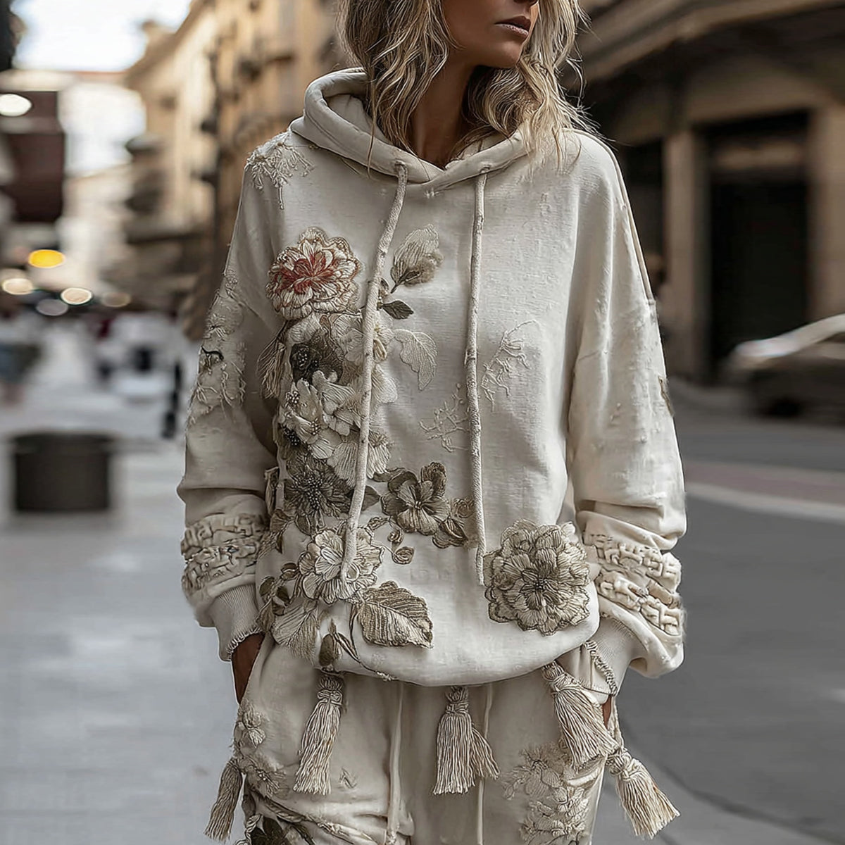 Women's Retro Floral Patchwork Art Cozy Hoodie elevenforest