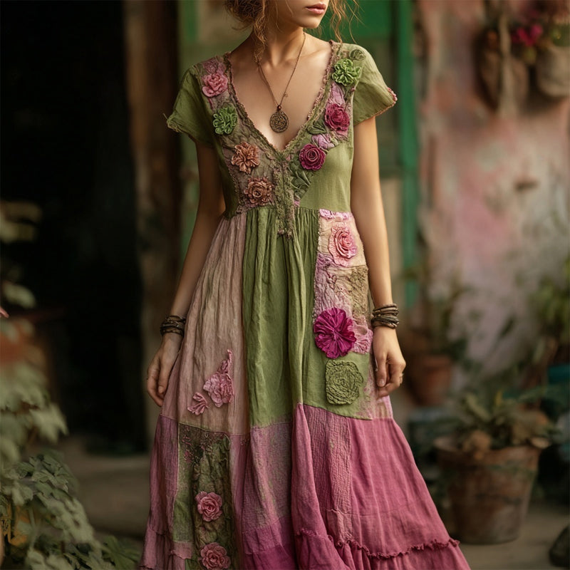 Vintage Boho Roses Embroidered Patchwork Linen Maxi Dress elevenforest