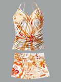 V-Neck Vintage Floral Print Suspender Skirt Tankini Pantskirt Set Swimsuit