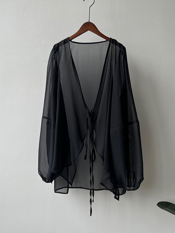 Bishop Sleeve Long Sleeves See-through Split-joint Tied Collarless Blouses&shirts Tops