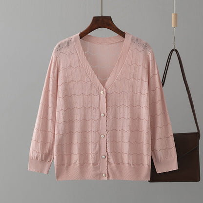 V Neck Hollow Out Cutout Knitted Cardigan Coat Spring Summer Short Small Thin Sun Protection Clothing Top