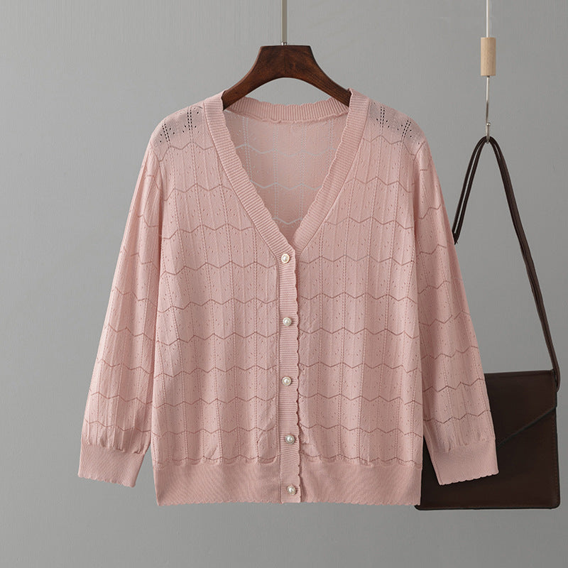 V Neck Hollow Out Cutout Knitted Cardigan Coat Spring Summer Short Small Thin Sun Protection Clothing Top