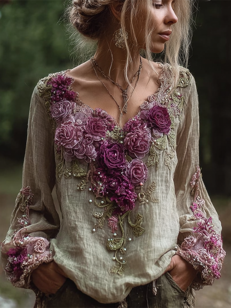 Bohemian Style Round Neck Long Sleeve 3d Purple Flower Design Cotton And Linen Top For Women elevenforest