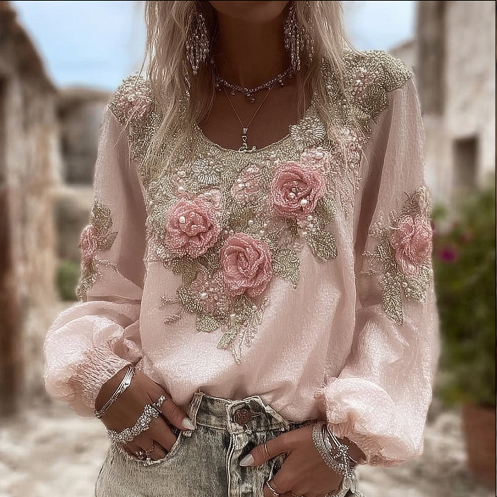 Women's Soft Rose Vintage Pink Round Neck Cotton And Linen Top elevenforest