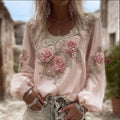Women's Soft Rose Vintage Pink Round Neck Cotton And Linen Top elevenforest