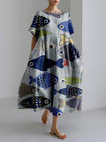 Vintage Fish Japanese Art Linen Blend Midi Dress