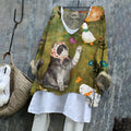 Babushka Cat & Duck Fun Patterned Women's Linen Flowy Shirt