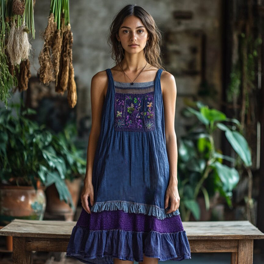 Vintage Bohemian Floral Embroidery Linen Mini Dress elevenforest