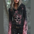 A Retro Women's Black-pink Gradient Hooded Top With Gothic Skull And Floral Elements Design For Halloween. elevenforest