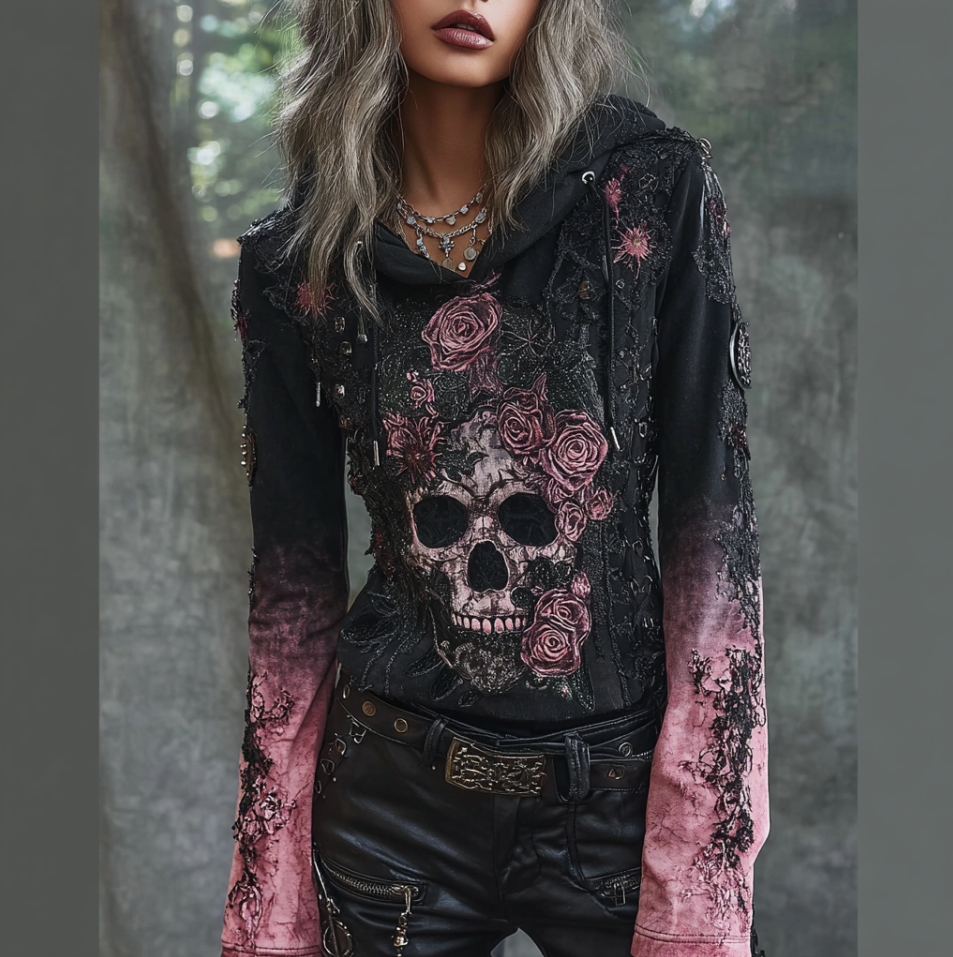 A Retro Women's Black-pink Gradient Hooded Top With Gothic Skull And Floral Elements Design For Halloween. elevenforest