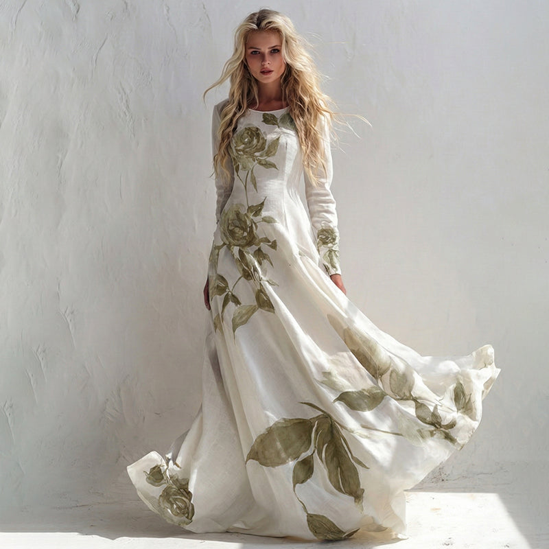Women's Vintage Floral Art Long Sleeve Maxi Dress elevenforest