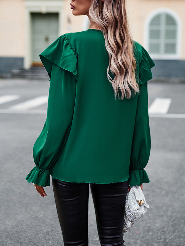 Long Sleeves Loose Asymmetric Hollow V-neck Blouses&shirts Tops