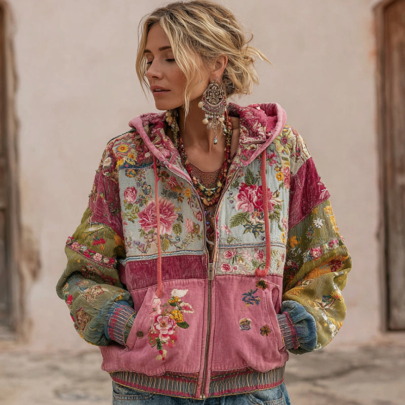 Women's Vintage Floral Embroidery Patchwork Art Zipper Hoodie elevenforest