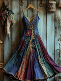 Vintage Celtic Knot Tree Of Life Patchwork Contrast Color V Neck Maxi Dress elevenforest